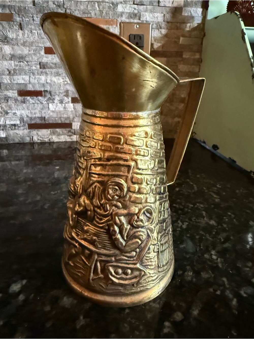 Vintage English Pub Embossed Brass Decorative Pitcher